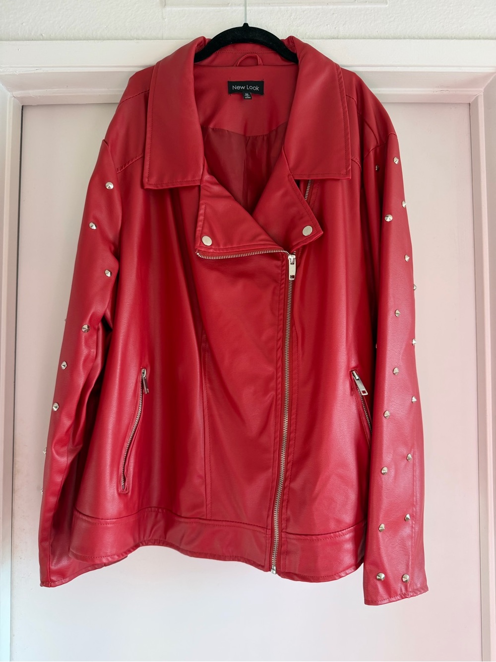 Red Studded Faux Leather Biker Jacket